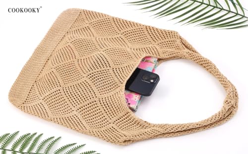 COOKOOKY Crochet Beach Tote bag Summer Beach Bag for Women Aesthetic Mesh Tote Bag Hippie Bag Knit Bag