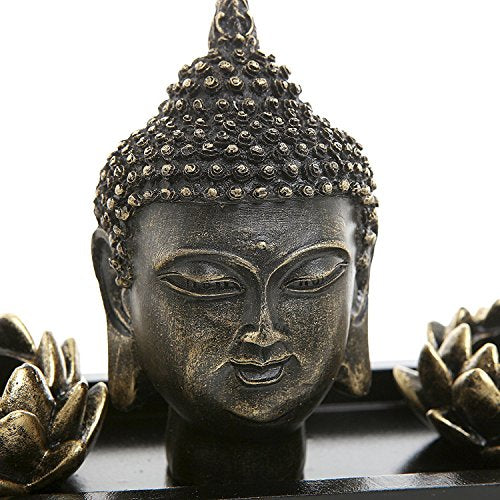 MyGift Black Buddha Head Sculpture Zen Garden Set with Lotus Tealight Candle Holders and Wooden Display Tray, Decorative T...