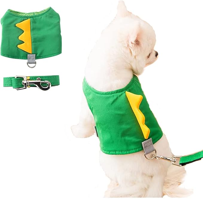 MQQYLBHDS Dinosaur Shaped Puppy Dog Harness and Leash Set Green Cat Vest Harness with Walking Rope No Pull Comfort Pet Ves...