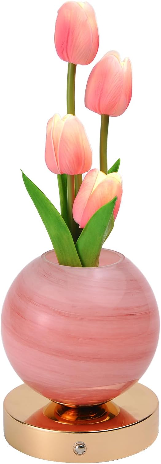 TXGZYBhg Tulip Flower Planet Lamp with Remote Control, Rechargeable Cordless Touch Dimming Artificial Flower Desk Lamp, LE...