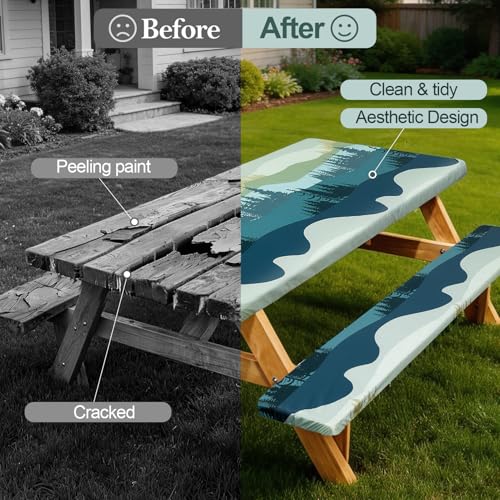 Picnic Table Cover with Bench Covers Camping Essentials Waterproof Windproof Camping Tablecloth with Drawstring Bag, Fitte...