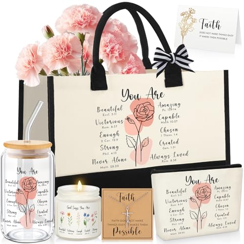 SilTriangle 6 Pcs Christian Gifts for Women Faith Set Mother's Day Religious Gift for Women with Tote Bag Makeup Bag Candl...