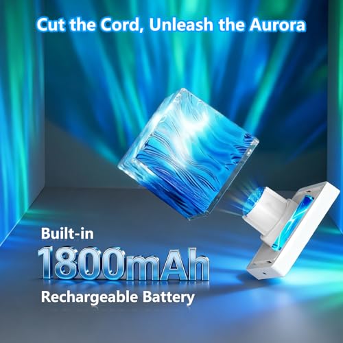 HUMIIEYE Northern Lights Projector, 1800mAh Battery Operated Aurora Night Light Cube, 16 Color, Remote Mood Lighting Galax...