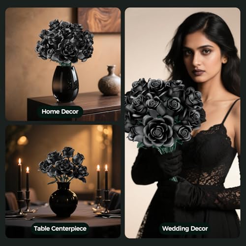 CLMTAS 12 PCS Black Roses Bouquet Building Set, Eternal Artificial Flowers, Gothic Retro Botanical Collection Decor Flowe...