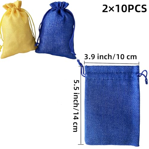 Autupy Burlap Drawstring Bags, 20 Pack, Blue and Yellow, Gift Pouches for Wedding Party Favors
