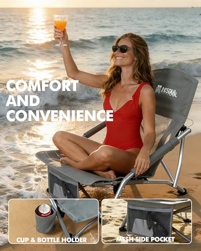 AKSOUL Folding Beach Chair for Adults: Low/High Back Chairs with Carry Bag - Extra Wide Seat Chair with Comfortable Pillow...
