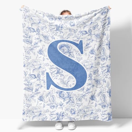 ShowDraven Throw Blanket Custom Initial Letter S Personalized Monogrammed Gifts for Women Teen Girls Frends, Boho Cute Blu...