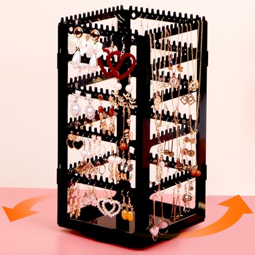 24Aug 360° Rotating Jewelry Organizer Stand with 5 Layers,Acrylic Earring Holder Organizer Stand,212 Holes and 212 Grooves...
