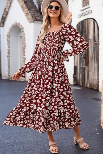 Dokotoo Boho Dresses for Women 2025 Casual Floral Square Neck Long Sleeve Smocked Elastic Waist Tiered Ruffle Hem Maxi Dress