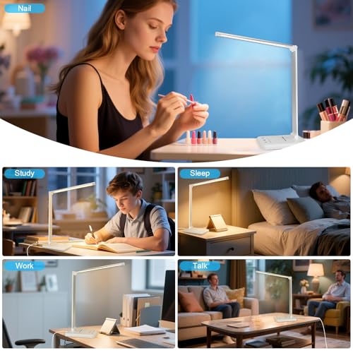 White crown LED Desk Lamp Dimmable Table Lamp Reading Lamp with USB Charging Port, 5 Lighting Modes, Sensitive Control, 3...