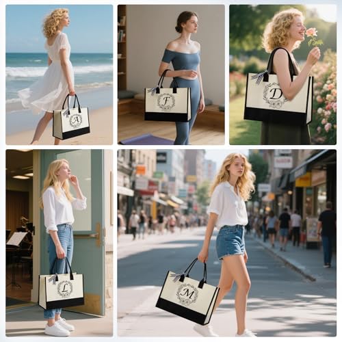 Miokok Personalized Initial Canvas Tote Bag, Beach Bags for Women Birthday Gifts, Wedding Gift for Mom Teachers Friends Nurse
