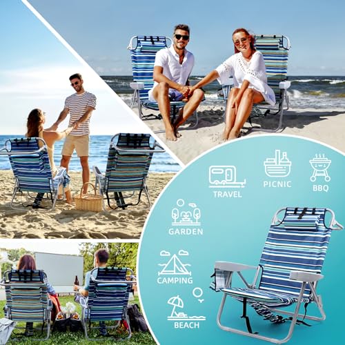 Yestomo Beach Chairs for Adults Heavy Duty, Compact Portable Lay Flat Folding Chair with Backpack Straps and Large Cooler ...