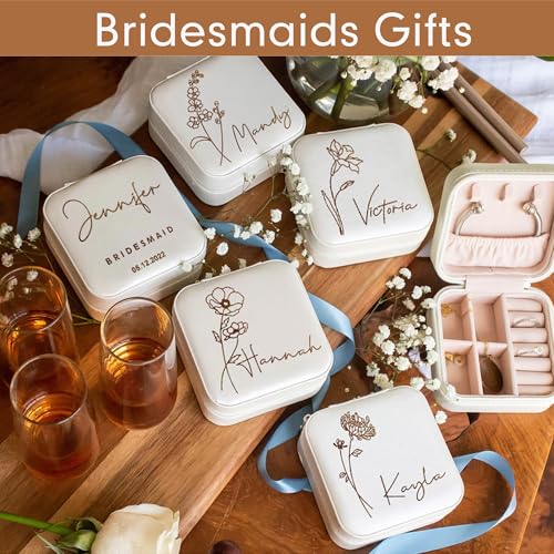 DayOfShe Personalized Travel Jewelry Box with Name and Birth Flower Mothers Day Mom Gifts,Personalized Bridesmaid Gifts fo...
