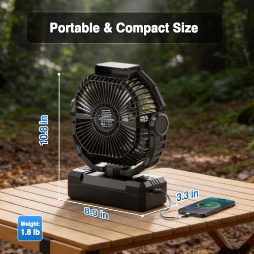 AVAVO Camping Fan Rechargeable, 20000mAh Battery Powered Portable Fan with 4 Speeds & 2 LED Lights, Cordless Outdoor Tent ...