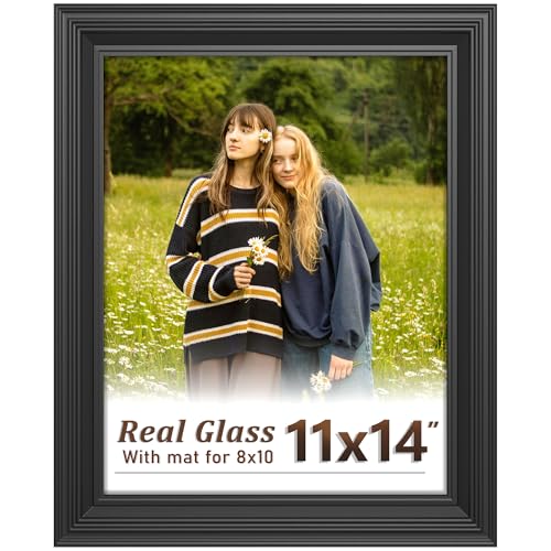 Tinkeps 11x14 Black Picture Frame - Real Glass, Classic Thick Frame Display Pictures 8x10 with Mat or 11 x 14 without Mat,...