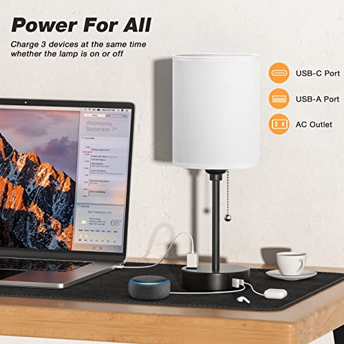Small Bedside Table lamp for Bedroom - 3 Color Temperatures Bedside Lamps with USB C and A Ports, Pull Chain Table Lamps w...