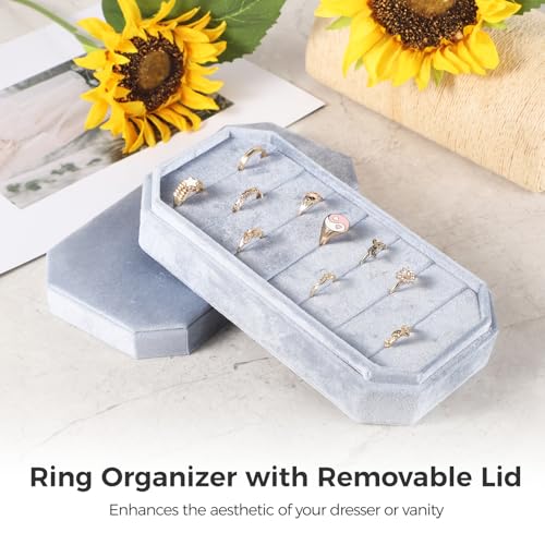 Anjetan Ring Organizer with Removable Lid, Velvet Ring Jewelry Box Storage, Holds 21 Rings, Octagonal Design, Dustproof Ve...