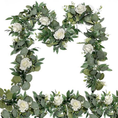 2 Pack 13Ft Artificial Spring Eucalyptus Flower Garland with White Roses, Fake Flower Greenery Floral Green Garland Vines ...