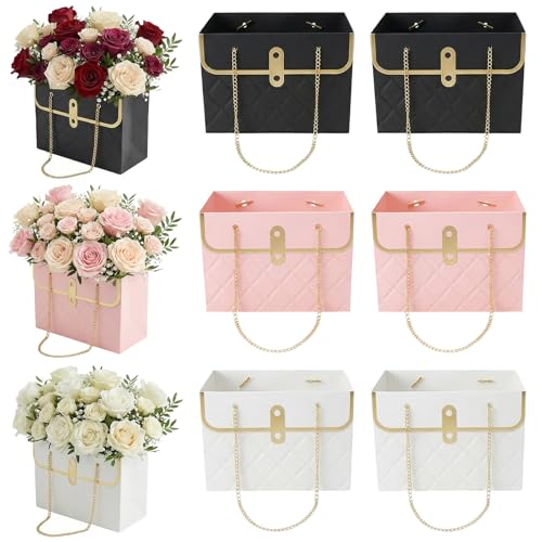 Nfvjfxz 6Pcs Flower Paper Gift Box Bouquet Storage Bucket Handbag Florist Floral Wrap Bag with Metal Chain for Wedding Mot...