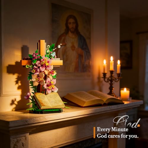 Jesus Cross Flower Building Set, Easter Religious Cross Collectibles, Compatible with Lego Jesus Catholic Building Toys, E...