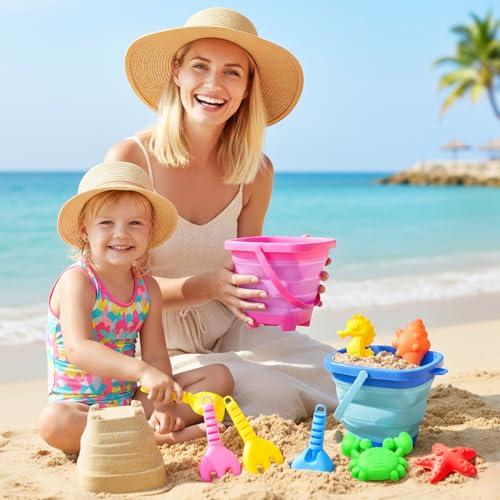 Dreamon Beach Toys for Kids 3-10, Collapsible Sand Castle Toys for Beach Include 3 Pack Foldable Buckets, Shovels Molds an...