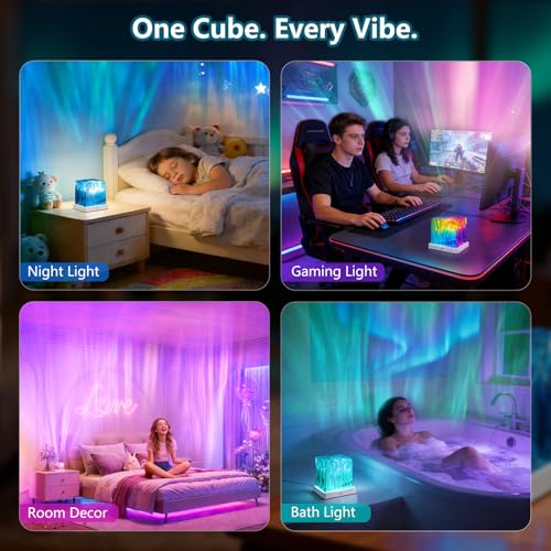 HUMIIEYE Northern Lights Projector, 1800mAh Battery Operated Aurora Night Light Cube, 16 Color, Remote Mood Lighting Galax...