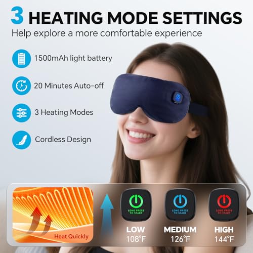 Cordless Heated Eye Mask for Dry Eyes Relief, with 3 Heat Settings, Washable Eye Cover, Warm Heating Pad for Stye Eye Trea...