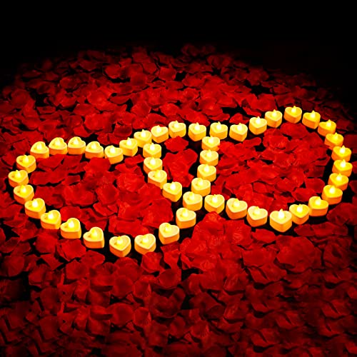 VIPbuy 3000 Pcs Artificial Rose Petals with 48 Pcs Heart Flameless Candles Battery LED Tea Lights Candles Set Valentine's ...