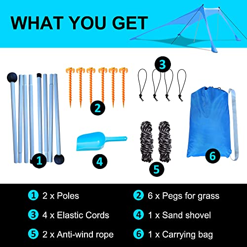 Beach Canopy Tent Sun Shade with UPF 50+ UV Protection, Beach Tent Sun Shelter with Sandbags, Poles and Ground Pegs and An...