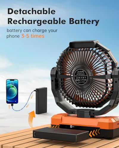 Wavmill 3-in-1 Camping Fan - Detachable Rechargeable Battery Operated Fan with Light & Hook for Tent, Outdoor - USB Table ...