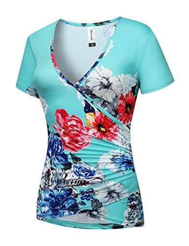 Beauhuty Women's Deep V Neck Short Sleeve Front Wrap Ruched Sexy Slim Fit Tops