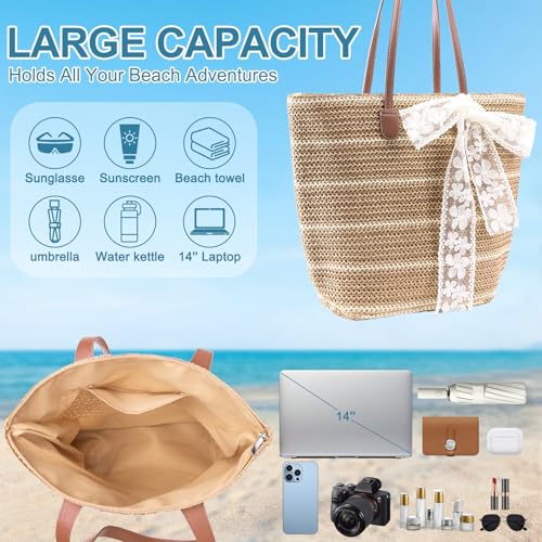shoowyees Straw Beach Tote Bag for Women - 2026 Large Handwoven Summer Vacation Purse Zipper for Travel Shopping Essentials