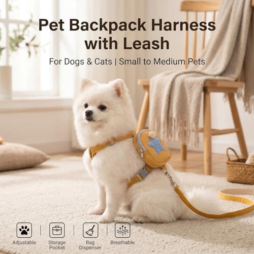 Pet Backpack Harness with Leash for Dogs and Cats, Adjustable Vest with Storage Pocket, Poop Bag Dispenser, Soft Breathabl...