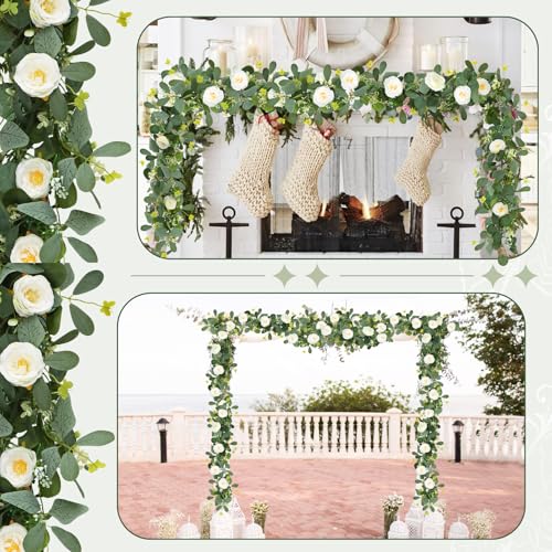 ASTRYAS 2 Pack 6.23Ft Artificial Eucalyptus Garland with Flowers, Fake Rose Garland Greenery Garlands Floral Vines for Wed...