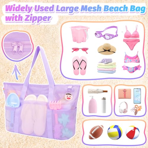 Tagitary Mesh Beach Bag with Zipper Large Beach Tote Waterproof Sandproof with 8 Pockets for Toys Pool Bag Beach Accessories