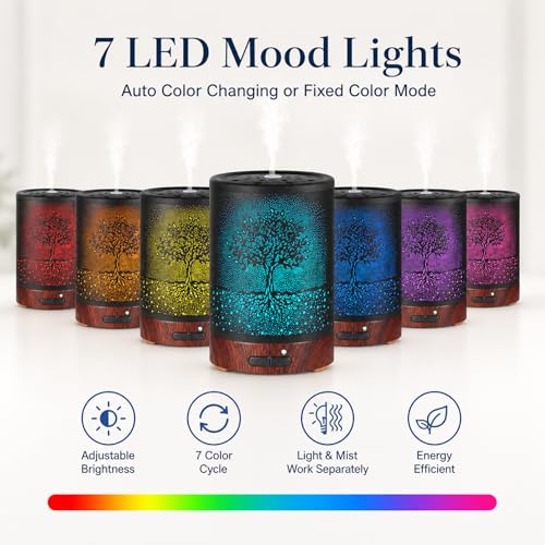 Essential Oil Diffuser- Aromatherapy Diffuser with7 Colors Light and Auto-Off for Women Metal Cool Mist Humidifier for Hom...