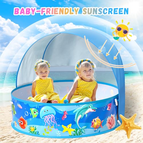Baby Beach Tent, Pop-Up Above Ground Pool, Foldable Kiddie Pool with Sun Shelter Canopy for Ages 9-48 Months, Toddler Wadi...