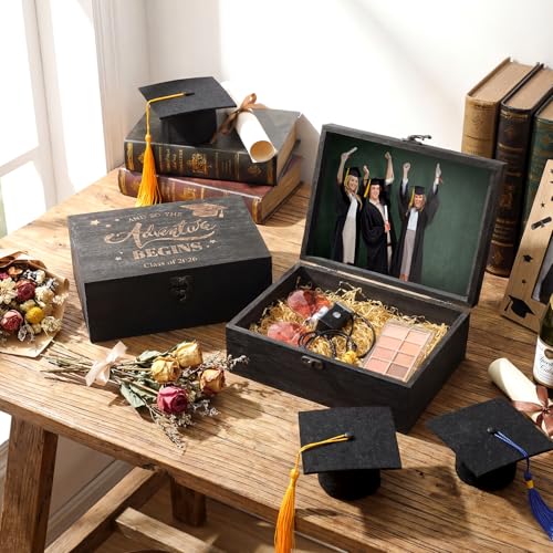 BreezeHug 2 Pcs Class of 2026 Graduation Keepsake Box Senior 2026 Gift Memory Chest Wooden Box with Hinged Lid Engraving G...