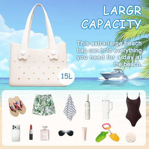Larcenciel Rubber Tote Bag, Perforated Design Waterproof Beach Bags for Women with Shoulder Strap, Summer Travel Beige Han...