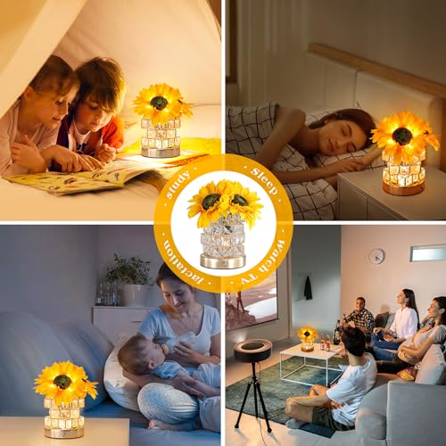 AMWGIMI Sunflowers Flower Lamp,Rechargeable Cordless Touch Table Lamp,3-Colour Infinitely Dimming Small Night Light,Festiv...
