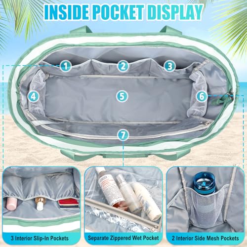 TEUEN Extra Large Beach Bags for Women, Waterproof Sandproof Beach Tote Bag Foldable Swim Pool Bag with Zipper and Wet Pocket