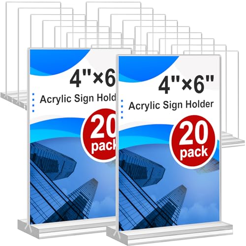 Acrylic Sign Holder 4x6, 20 Pack Clear Table Vertical Double Sided Table Menu Display, Plastic Desktop Picture Frames Stan...