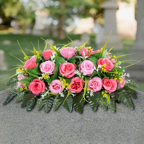 MOOMASS Cemetery Headstone Flower Saddle - Artificial Cemetery Flowers Rose, Grave Decoration，Non-Bleed Colors, and Easy F...