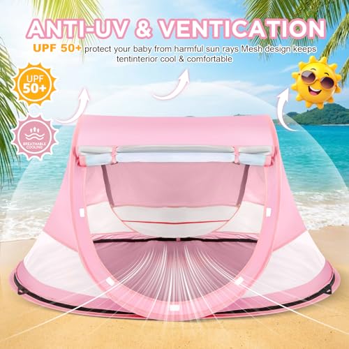 Baby Beach Tent, Pop Up Beach Tent Sun Shade for Beach, UPF 50+ UV Protection Sun Shelters for Infants with Carry Bag for ...