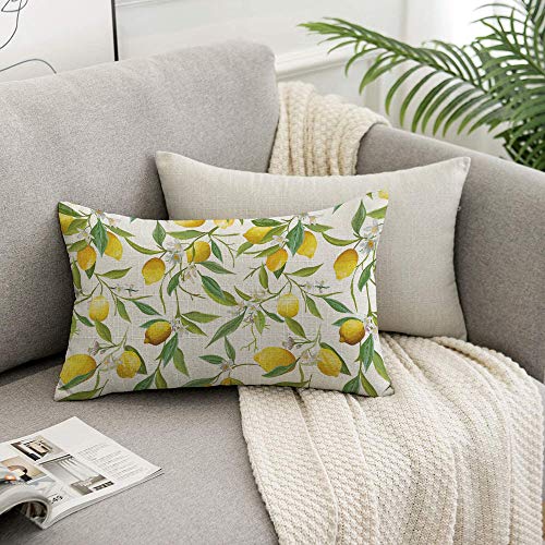 HOSNYE Lemon Throw Pillow Cover Fruits and Leaves Floral Linen Fabric for Couch Bed Sofa Car Waist Cushion Cover 12 x 20 i...