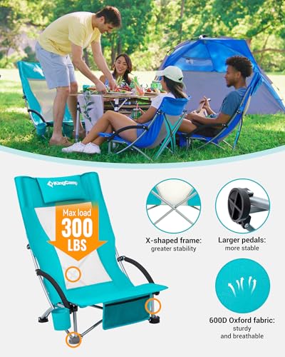 KingCamp Low Beach Chair, High Back Folding Camping Chair for Adults, Oversized Breathable Mesh Seat, 300lbs Heavy Duty Po...