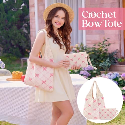 Sanwuta 2 Pcs Pink Bow Crochet Tote Bag Beach Bow Mesh Knitted Shoulder Bag Coquette Aesthetic Bohemian Bags for Women