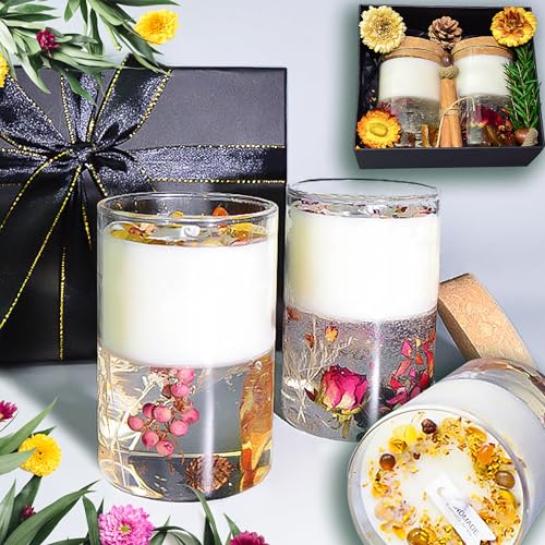 Crystal Candle Gift Set, Organic Natural Flowers in Yelly, Aromatherapy, Healing Gemstones, Botanical Scented Fragrance, M...