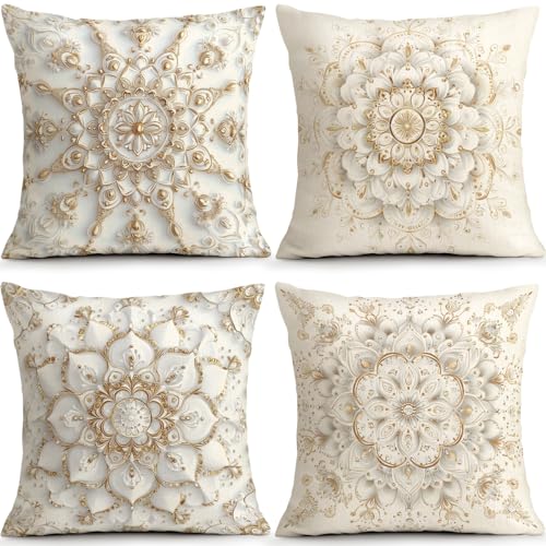 OBSEDE Golden Mandala Decorative Throw Pillow Covers 18x18 Set of 4, White and Gold Boho Cushion Case for Sofa Couch