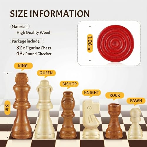 Sumind 80 Pieces Wooden Checkers Pieces 2 in 1 Handcrafted Chess with Drawstring Storage Pouch Wooden Chess Game Set Board...